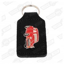 KEY FOB- BLACK LEATHER WITH RED MINI BADGE