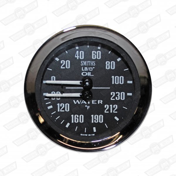 SMITHS DUAL GAUGE-OIL/WATER-BLACK FACE-VEE BEZEL