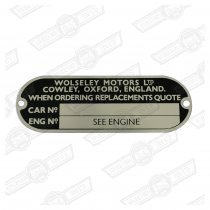 PLATE-CHASSIS NUMBER'-WOLSELEY'-(no seat belts)-'61-'65