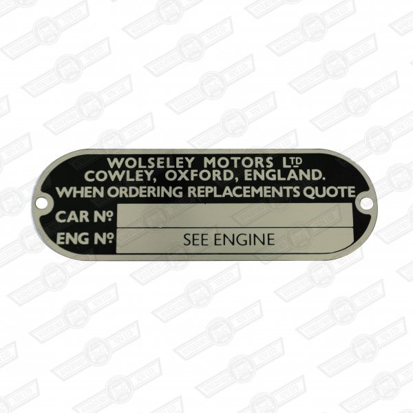 PLATE-CHASSIS NUMBER'-WOLSELEY'-(no seat belts)-'61-'65