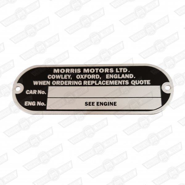 PLATE-CHASSIS NUMBER-'MORRIS'-'59-'65-( no seat belts)