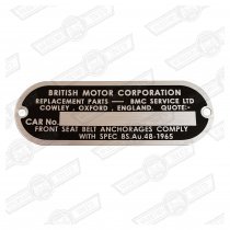 PLATE-CHASSIS NUMBER-'BMC'-'68-'71aus/mor'65-'69 ril/wol