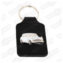 KEY FOB- BLACK LEATHER WITH WHITE MINI BADGE