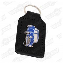 KEY FOB- BLACK LEATHER WITH BLUE MINI BADGE