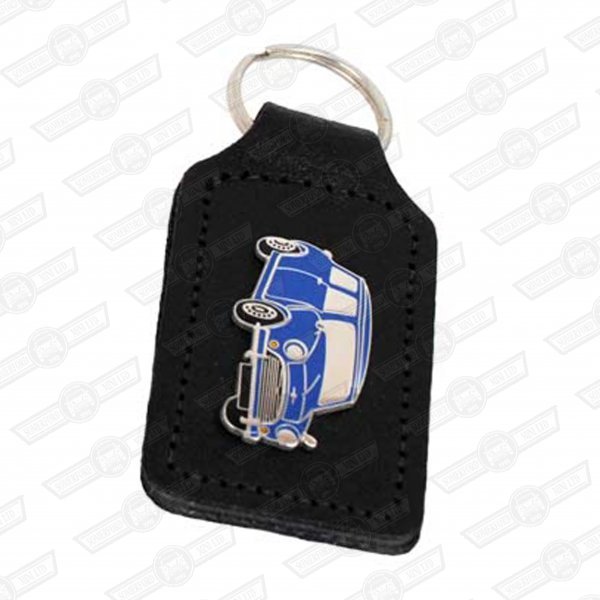 KEY FOB- BLACK LEATHER WITH BLUE MINI BADGE