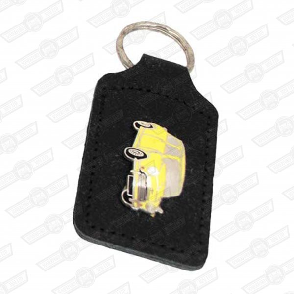 KEY FOB- BLACK LEATHER WITH YELLOW MINI BADGE